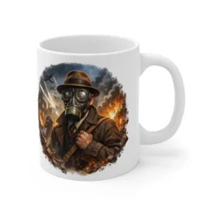 Ground Warfare - British WWII Gas Mask - Urban Bombing Scene - Mug